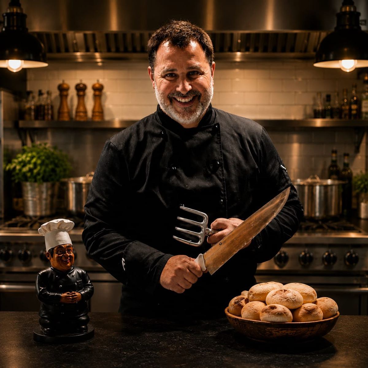 El chef Jaime Zapiola en la cocina con cuchillo y tenedor de asador